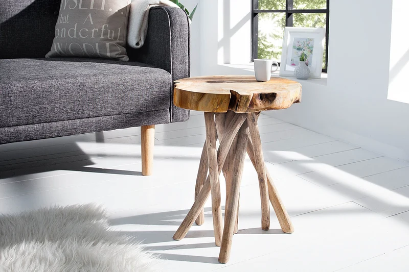 Lot de 2x Table d'appoint exclusive ROOT 30cm naturel teck bois massif tabouret bois de racine rond