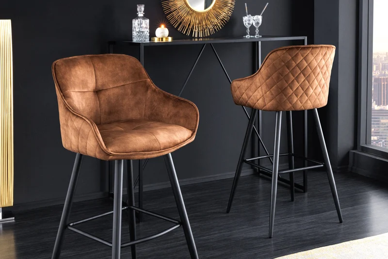Lot de 2x Design tabouret de bar EUPHORIA rouille brun velours pieds métalliques noirs tabouret de bar avec dossier