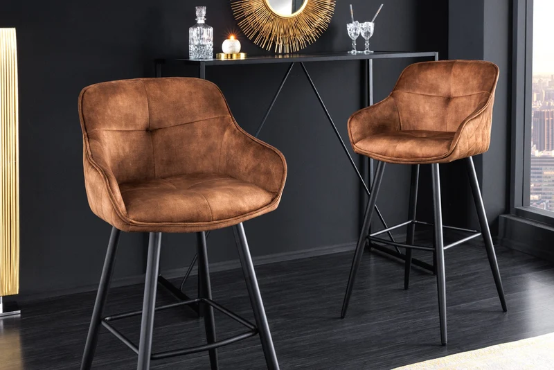 Lot de 2x Design tabouret de bar EUPHORIA rouille brun velours pieds métalliques noirs tabouret de bar avec dossier