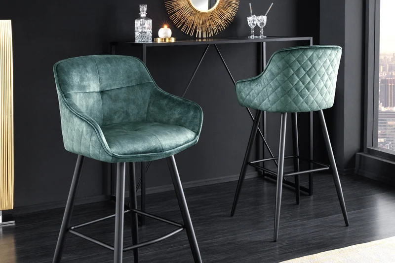 Lot de 2x Design tabouret de bar EUPHORIA gris velours pieds métalliques noirs tabouret de bar avec dossier