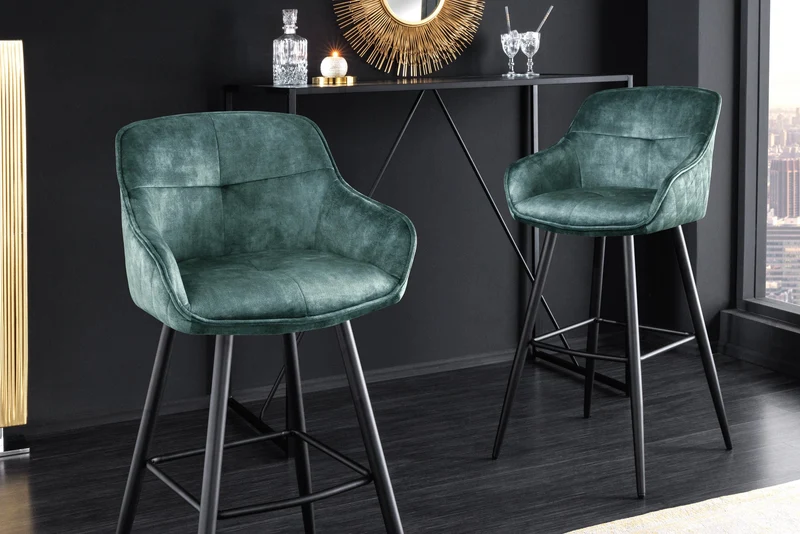 Lot de 2x Design tabouret de bar EUPHORIA gris velours pieds métalliques noirs tabouret de bar avec dossier