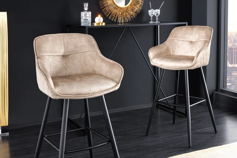 Lot de 2x Tabouret de bar design EUPHORIA champagne greige velours pieds métalliques noirs avec dossier