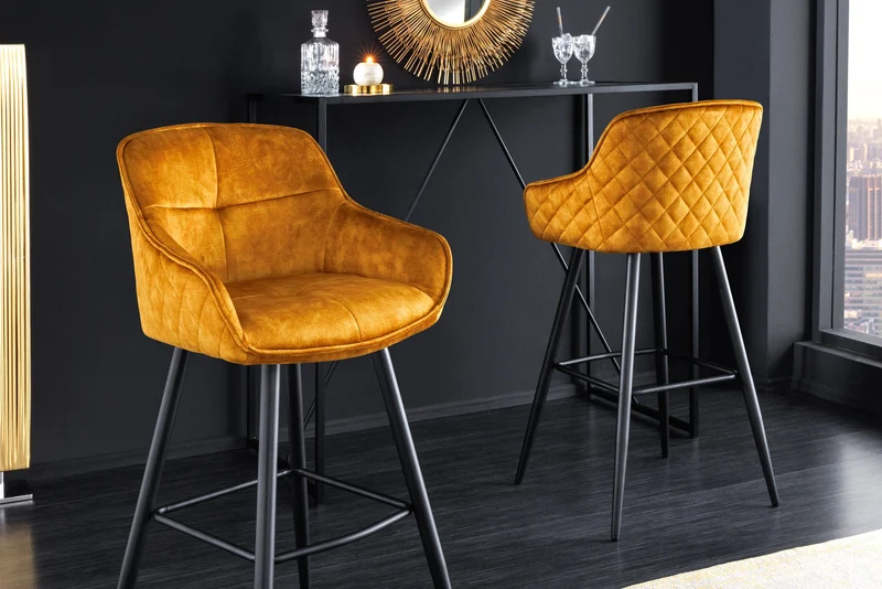 Lot de 2x Design tabouret de bar EUPHORIA moutarde velours pieds métalliques noirs tabouret de bar avec dossier