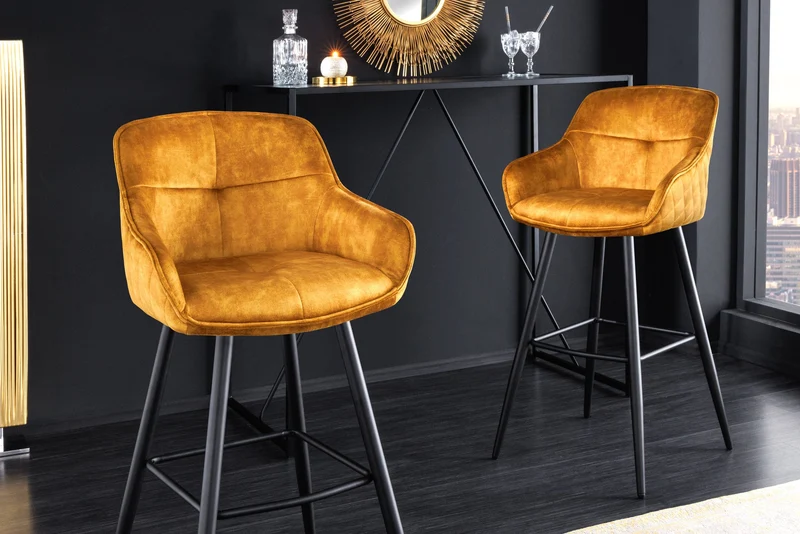 Lot de 2x Design tabouret de bar EUPHORIA moutarde velours pieds métalliques noirs tabouret de bar avec dossier