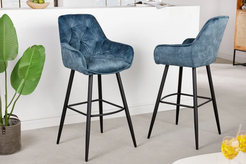 Lot de 2x design tabouret de bar MILANO pétrole velours tabouret de bar avec dossier métal noir