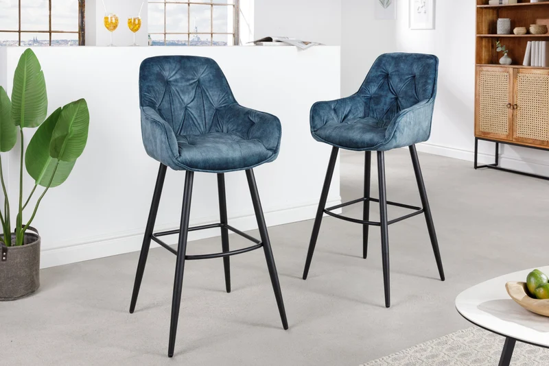 Lot de 2x design tabouret de bar MILANO pétrole velours tabouret de bar avec dossier métal noir