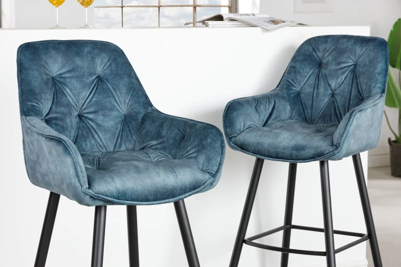 Lot de 2x design tabouret de bar MILANO pétrole velours tabouret de bar avec dossier métal noir