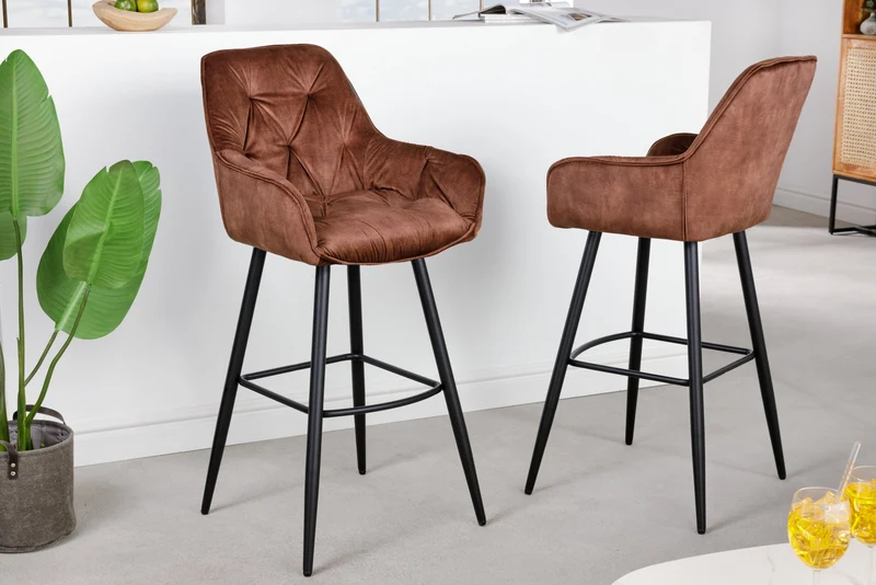 Lot de 2x Design tabouret de bar MILANO rouille brun velours avec dossier métal noir surpiqûre Chesterfield