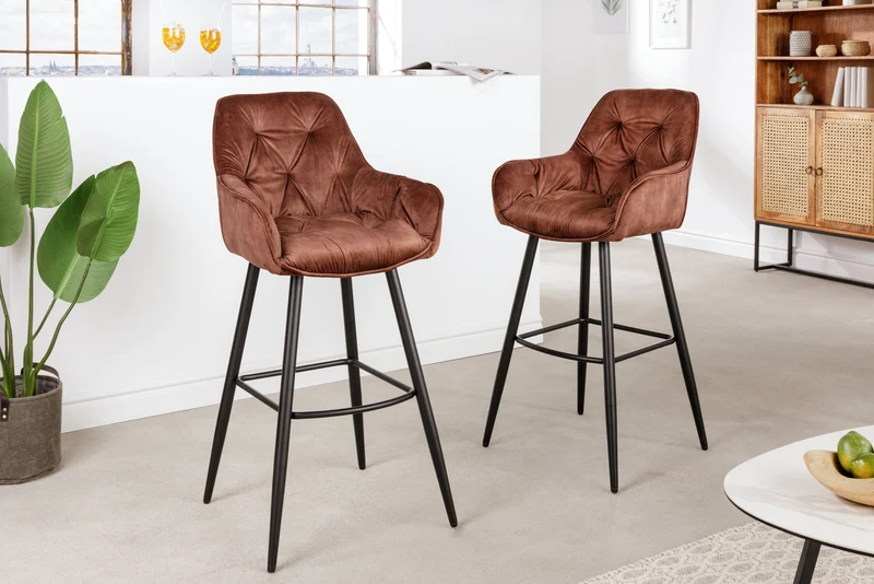 Lot de 2x Design tabouret de bar MILANO rouille brun velours avec dossier métal noir surpiqûre Chesterfield