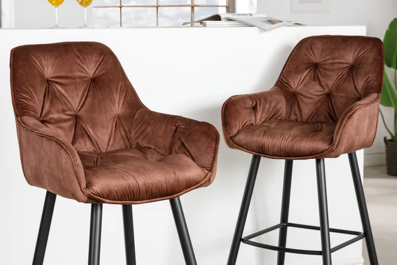 Lot de 2x Design tabouret de bar MILANO rouille brun velours avec dossier métal noir surpiqûre Chesterfield