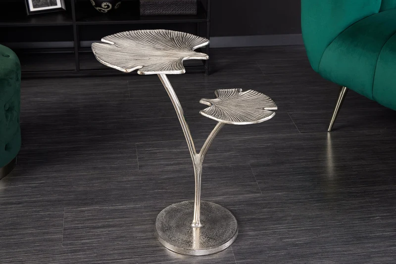 Table d'appoint décorative FEUILLES DE GINKGO 50cm en métal argenté fait main