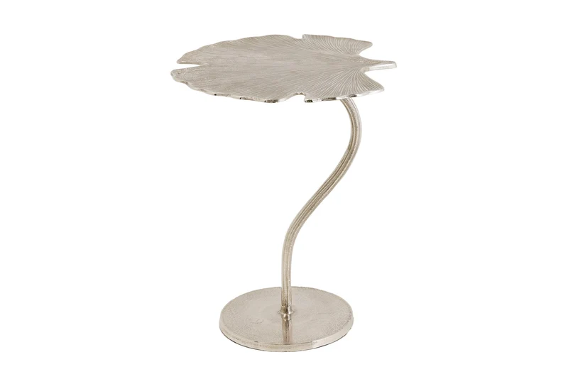 Table d'appoint décorative FEUILLE DE GINKGO 55cm métal argenté fait main