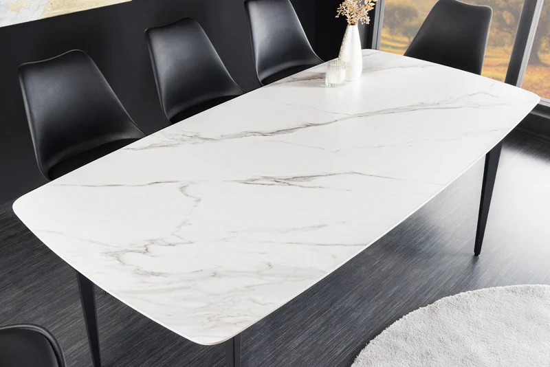 Table à manger MILANO 160 cm marbre blanc céramique structure métal noir