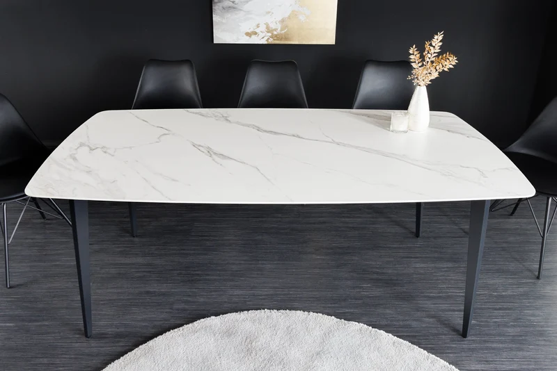 Table à manger MILANO 160 cm marbre blanc céramique structure métal noir