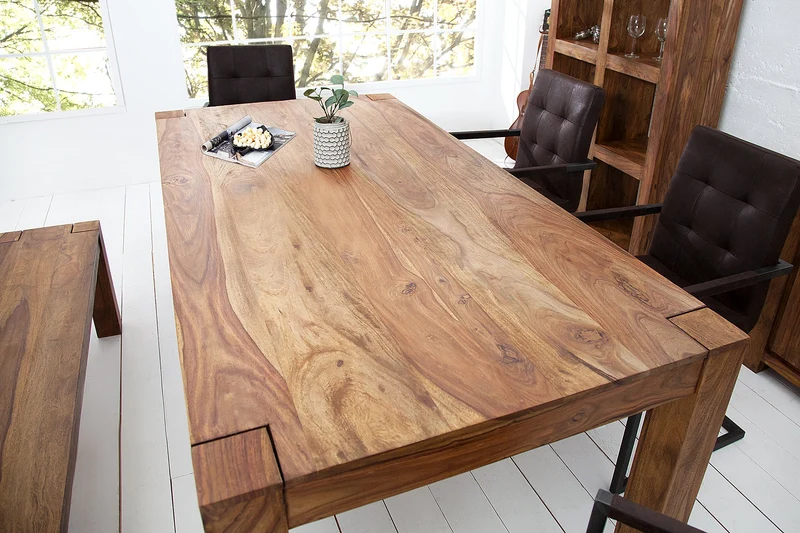 Table à manger rectangulaire en bois massif MAKASSAR 160 cm, finition pierre de Sheesham marron laquée