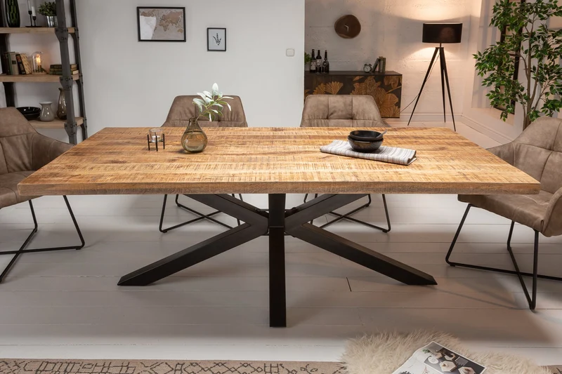 Table à manger industrielle solide GALAXIE 200cm en bois de manguier structure en forme d'étoile