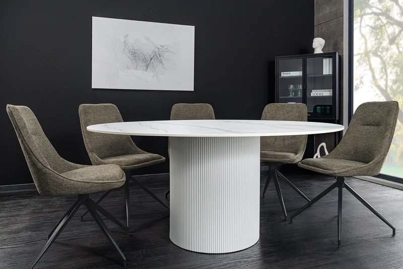 Table à manger ronde UNIQUE 120cm en céramique blanche avec piètement pilier