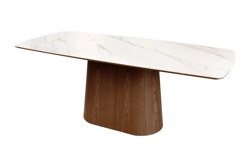 Table à manger design UNIQUE 200cm noyer blanc céramique base colonne marbre