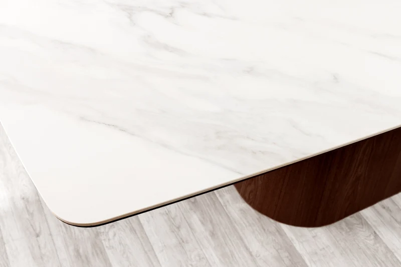Table à manger design UNIQUE 200cm noyer blanc céramique base colonne marbre