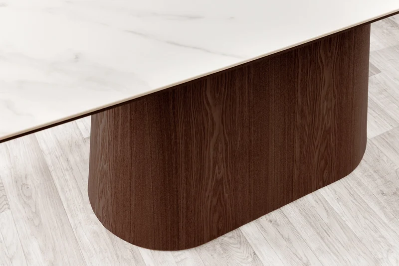 Table à manger design UNIQUE 200cm noyer blanc céramique base colonne marbre