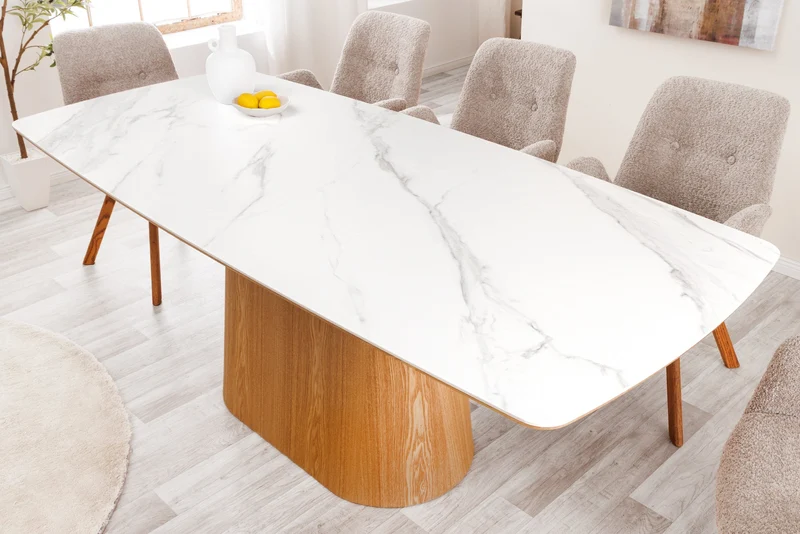 Table à manger design UNIQUE 200cm chêne blanc céramique base colonne marbre