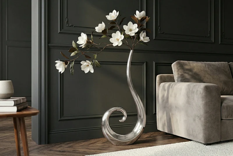 Lot de 2x Vase moderne WAVE XL 106cm aluminium argenté décoration polie