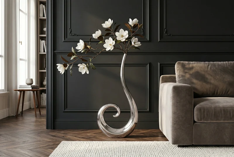 Lot de 2x Vase moderne WAVE XL 106cm aluminium argenté décoration polie
