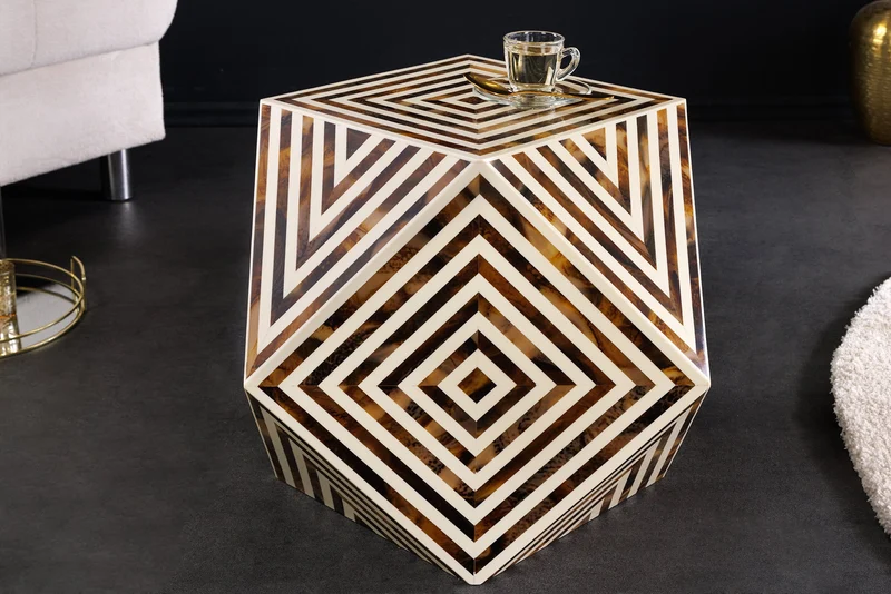 Table d'appoint en marqueterie d'os HARMONY NATURE 60 cm marron blanc incrustation artisanale