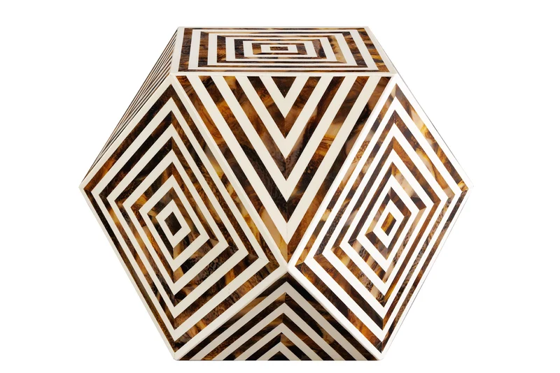 Table d'appoint en marqueterie d'os HARMONY NATURE 60 cm marron blanc incrustation artisanale