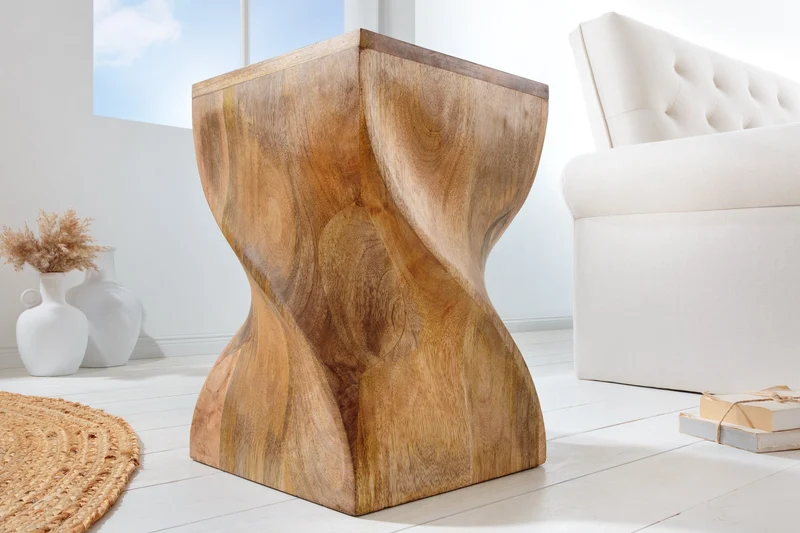 Tabouret massif TWIST 45cm en bois de manguier naturel table d'appoint faite main