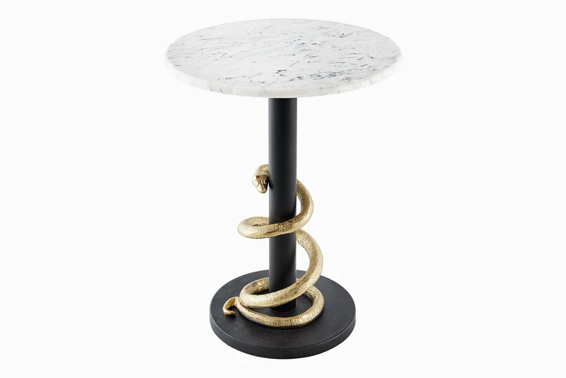Table d'appoint ronde WILDLIFE SNAKE 55cm marbre blanc doré noir sculpture serpent