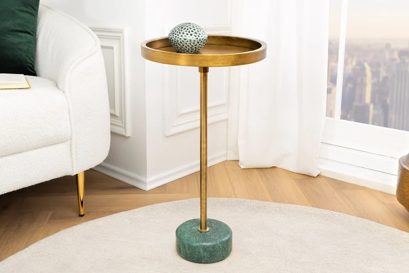 Table d'appoint ronde TRAYFUL 60cm laiton antique fer base marbre vert fait main