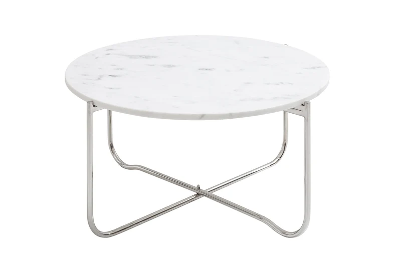 Table basse ronde NOBLE 65cm marbre blanc plateau amovible pliable métal argenté