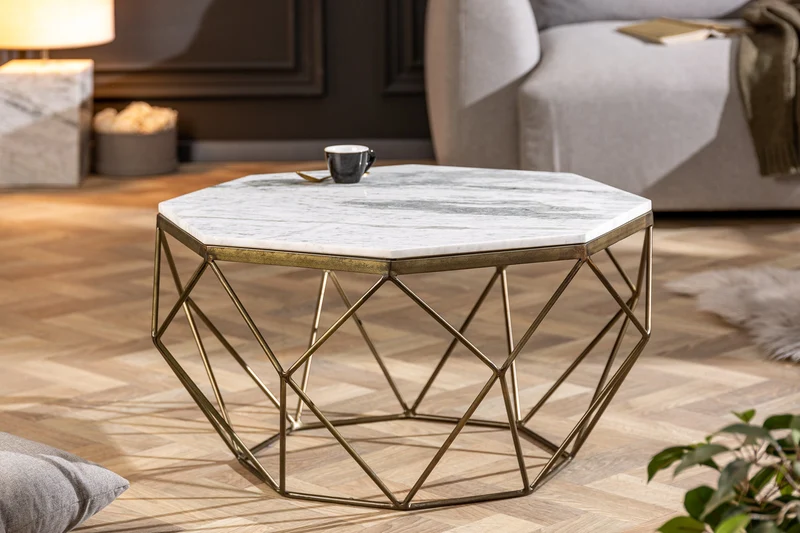 Table basse élégante DIAMOND 70cm en laiton blanc avec plateau en marbre