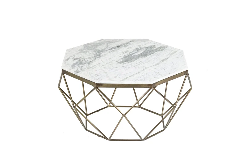 Table basse élégante DIAMOND 70cm en laiton blanc avec plateau en marbre