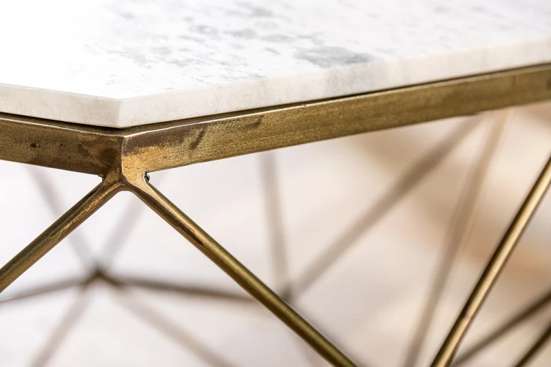 Table basse élégante DIAMOND 70cm en laiton blanc avec plateau en marbre