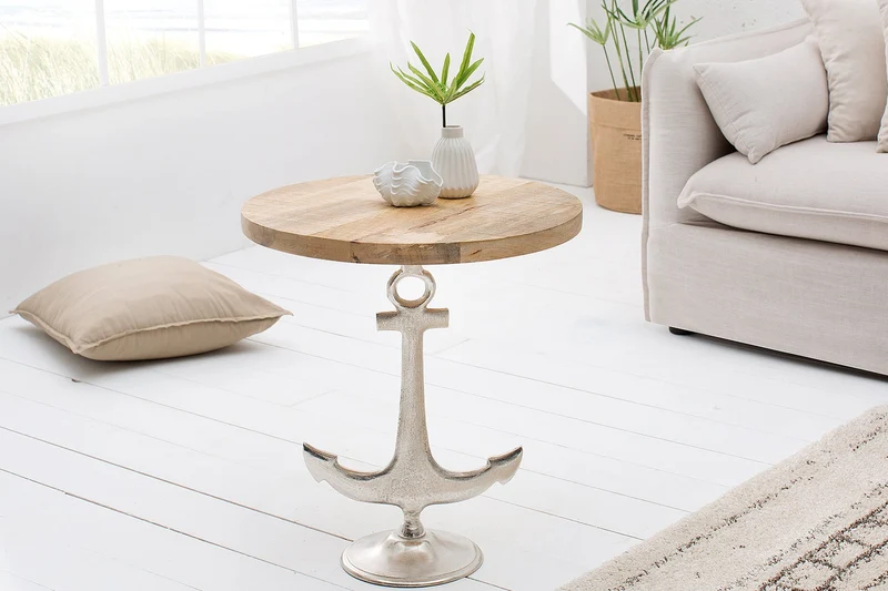 Lot de 2x Table d'appoint maritime SEVEN SEAS 50cm argenté design ancre rond bois de manguier métal