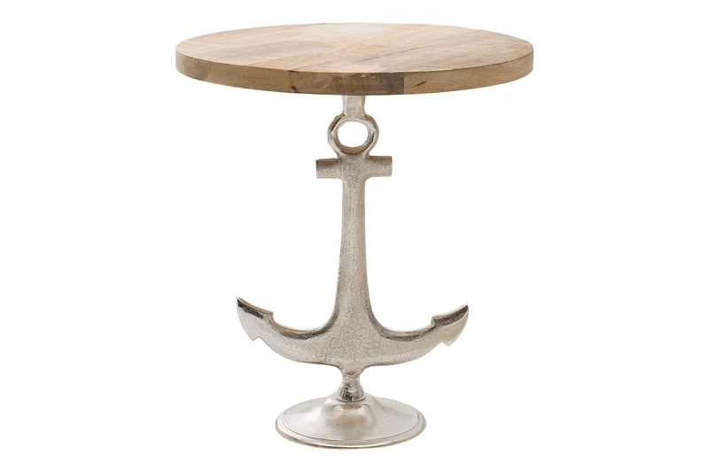 Lot de 2x Table d'appoint maritime SEVEN SEAS 50cm argenté design ancre rond bois de manguier métal