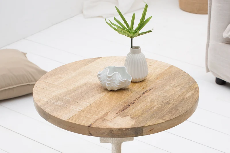 Lot de 2x Table d'appoint maritime SEVEN SEAS 50cm argenté design ancre rond bois de manguier métal