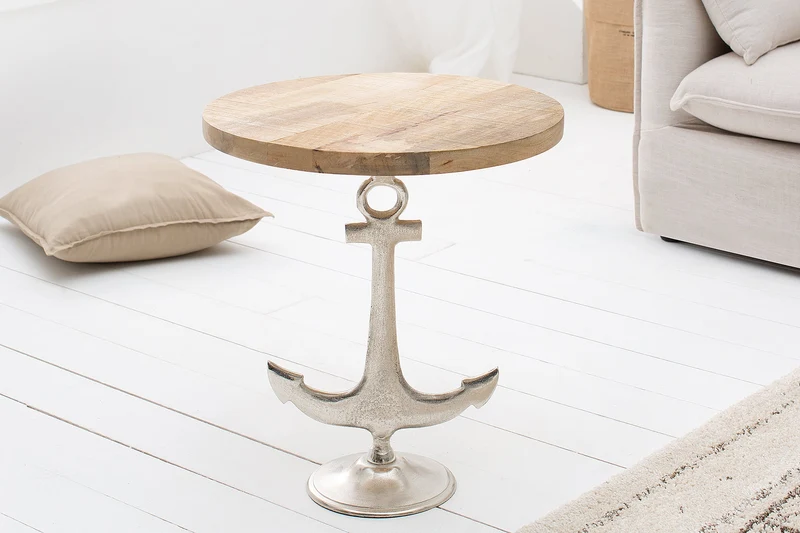 Lot de 2x Table d'appoint maritime SEVEN SEAS 50cm argenté design ancre rond bois de manguier métal