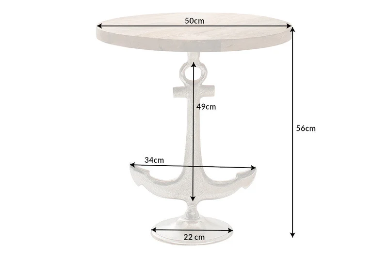 Lot de 2x Table d'appoint maritime SEVEN SEAS 50cm argenté design ancre rond bois de manguier métal