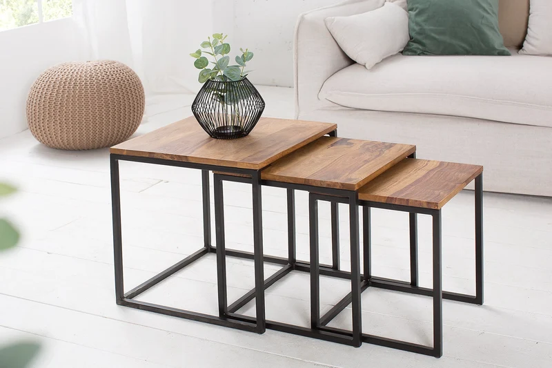 Lot de 3 tables d'appoint ELEMENTS 40cm bois massif de Sheesham marron finition pierre métal