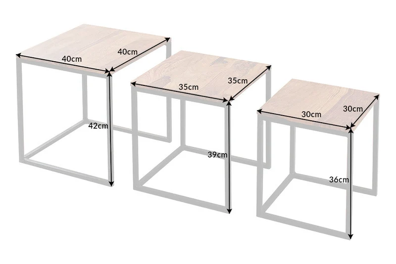 Lot de 3 tables d'appoint ELEMENTS 40cm bois massif de Sheesham marron finition pierre métal