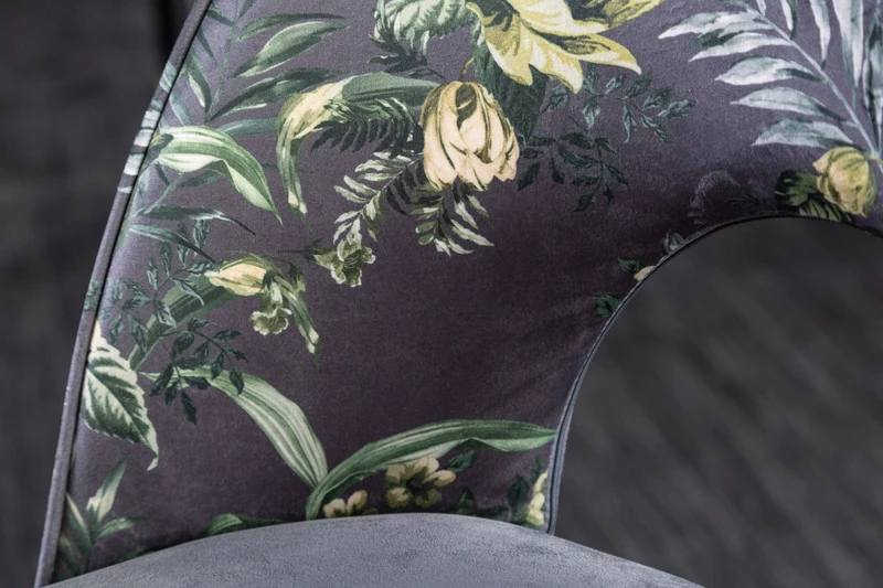 Lot de 2x chaises design PRÊT-À-PORTER en velours gris motif floral et embouts de pieds dorés