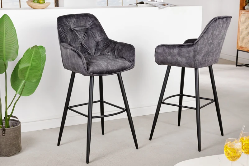 Lot de 2x Design tabouret de bar MILANO gris velours avec dossier métal noir surpiqûre Chesterfield
