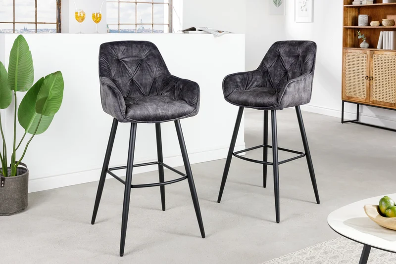 Lot de 2x Design tabouret de bar MILANO gris velours avec dossier métal noir surpiqûre Chesterfield