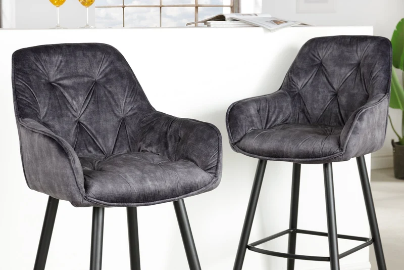 Lot de 2x Design tabouret de bar MILANO gris velours avec dossier métal noir surpiqûre Chesterfield