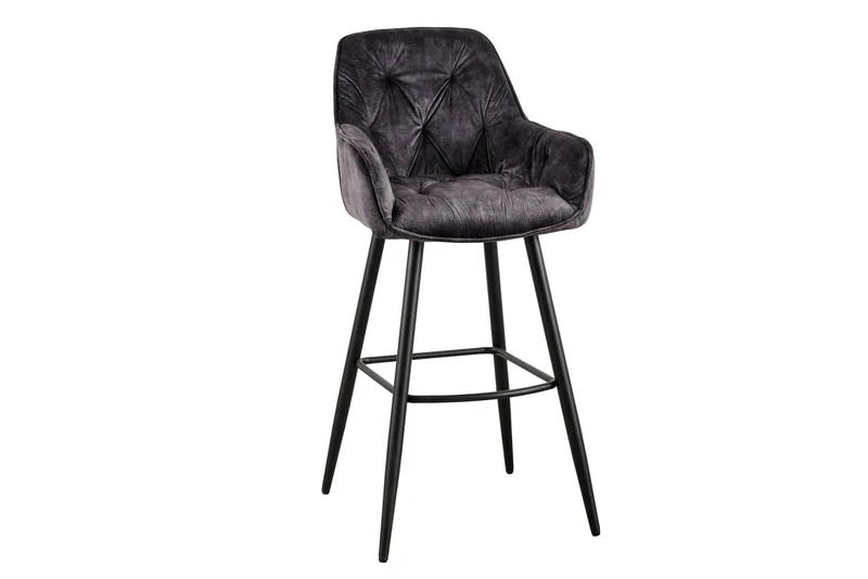 Lot de 2x Design tabouret de bar MILANO gris velours avec dossier métal noir surpiqûre Chesterfield