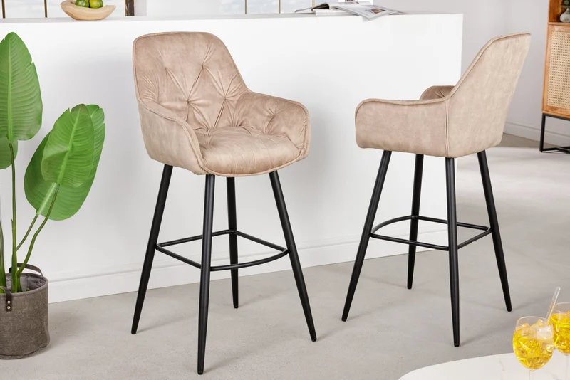 Lot de 2x Tabouret de bar design MILANO champagne beige velours tabouret de bar avec dossier métal noir