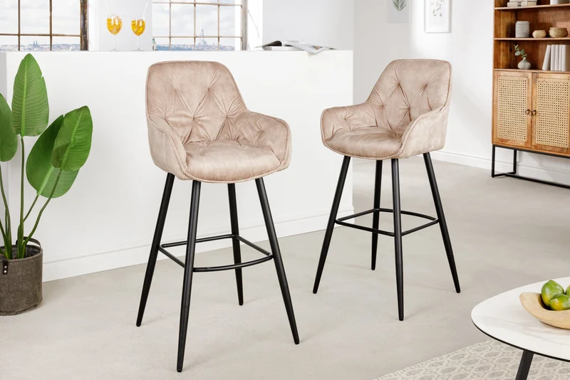 Lot de 2x Tabouret de bar design MILANO champagne beige velours tabouret de bar avec dossier métal noir